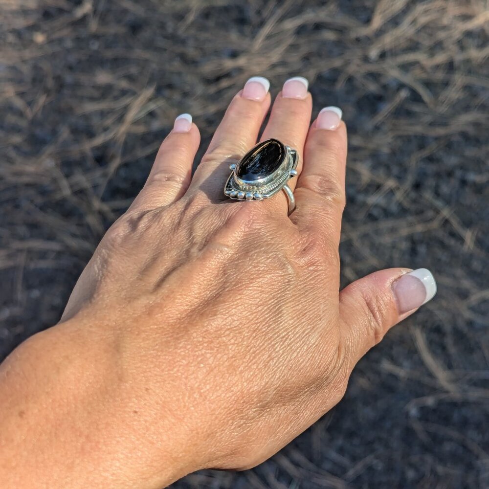 Handmade Navajo Jet Black Ring Large Oval Shape Sterling Silver Jewelry Sz 10 ** - Picture 10 of 10